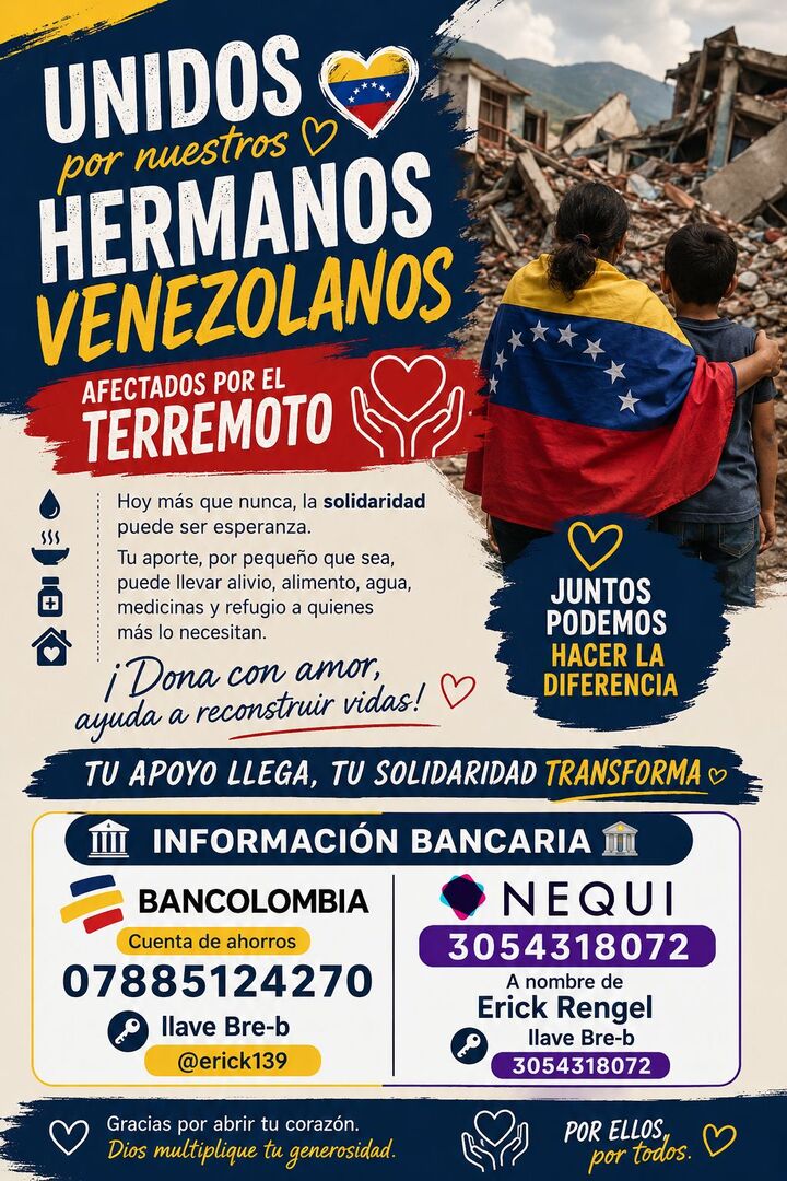 Volante «Unidos por nuestros hermanos venezolanos» con los datos bancarios para donar al chef Erick Rengel.